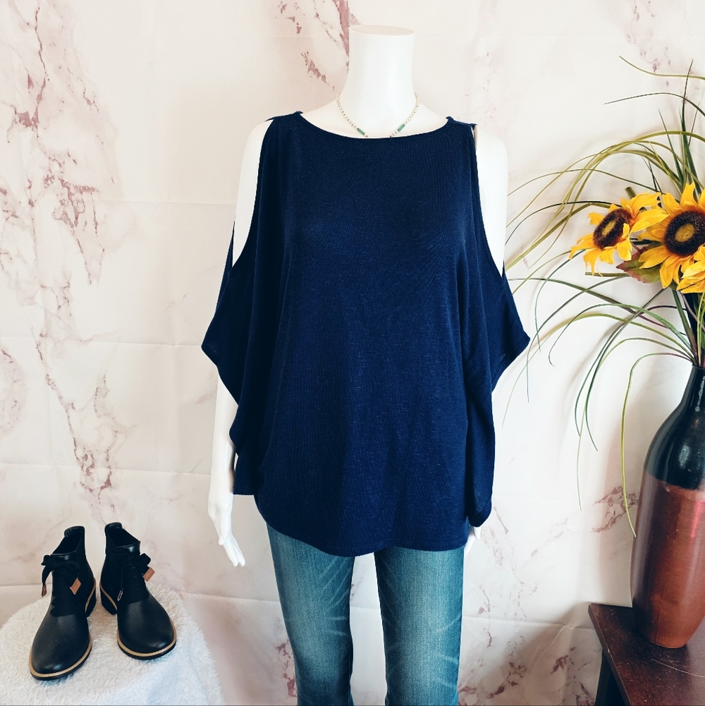 White House Black Market Navy Cold Shoulder Dolman Soft Knit Sweater Spring S